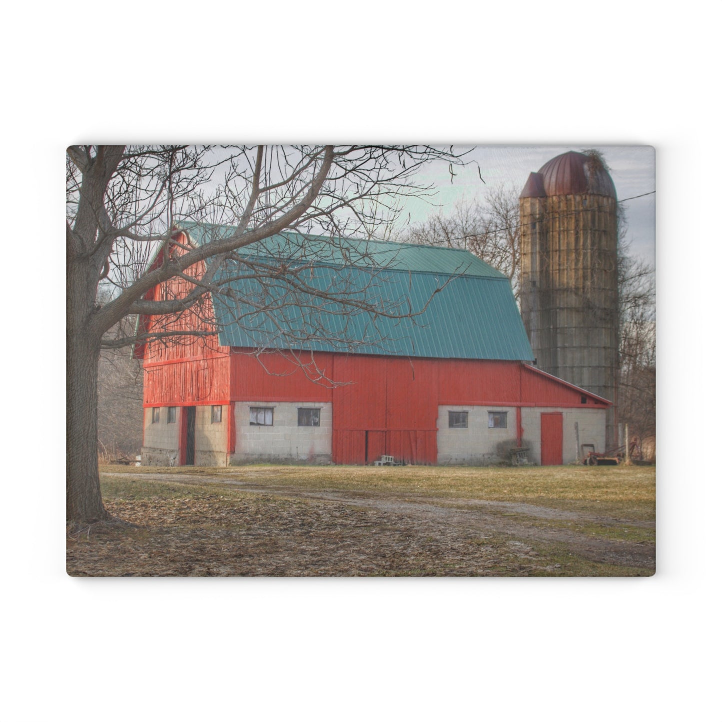 U R There Photography Wilson Road Red and Silo I Rustic Farmhouse Tempered-Glass Cutting Board