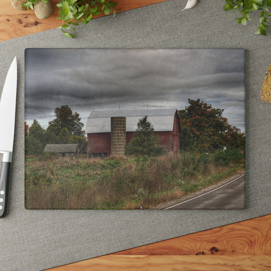U R There Photography Columbiaville Red in Fall I Rustic Farmhouse Tempered-Glass Cutting Board