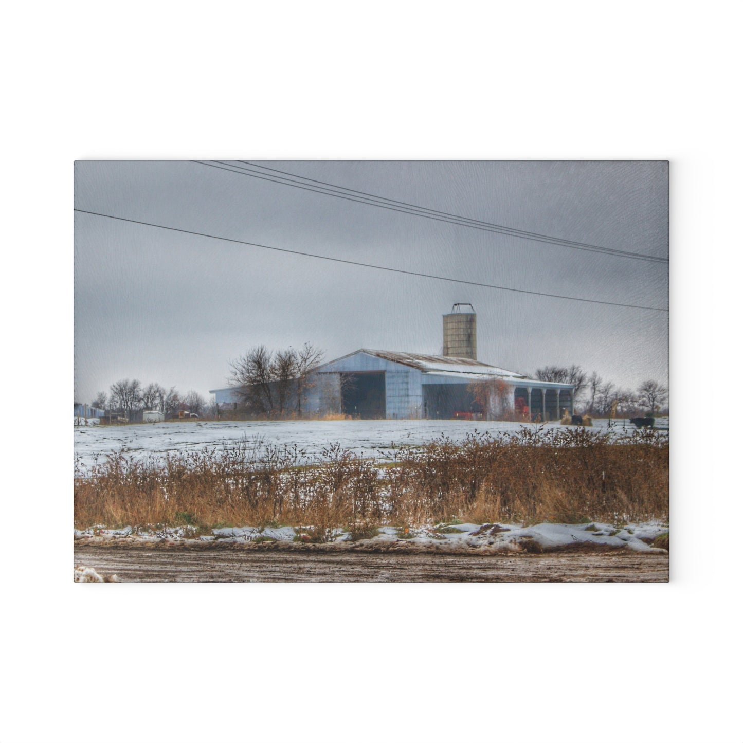 U R There Photography Noble Road Blue Cow Barn Rustic Farmhouse Tempered-Glass Cutting Board