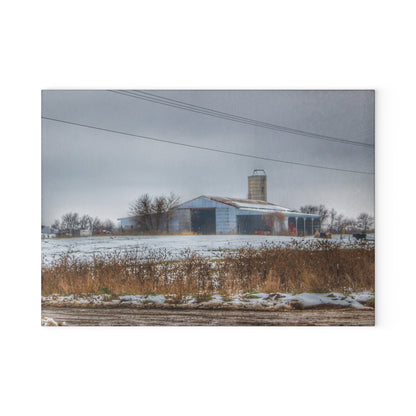 U R There Photography Noble Road Blue Cow Barn Rustic Farmhouse Tempered-Glass Cutting Board