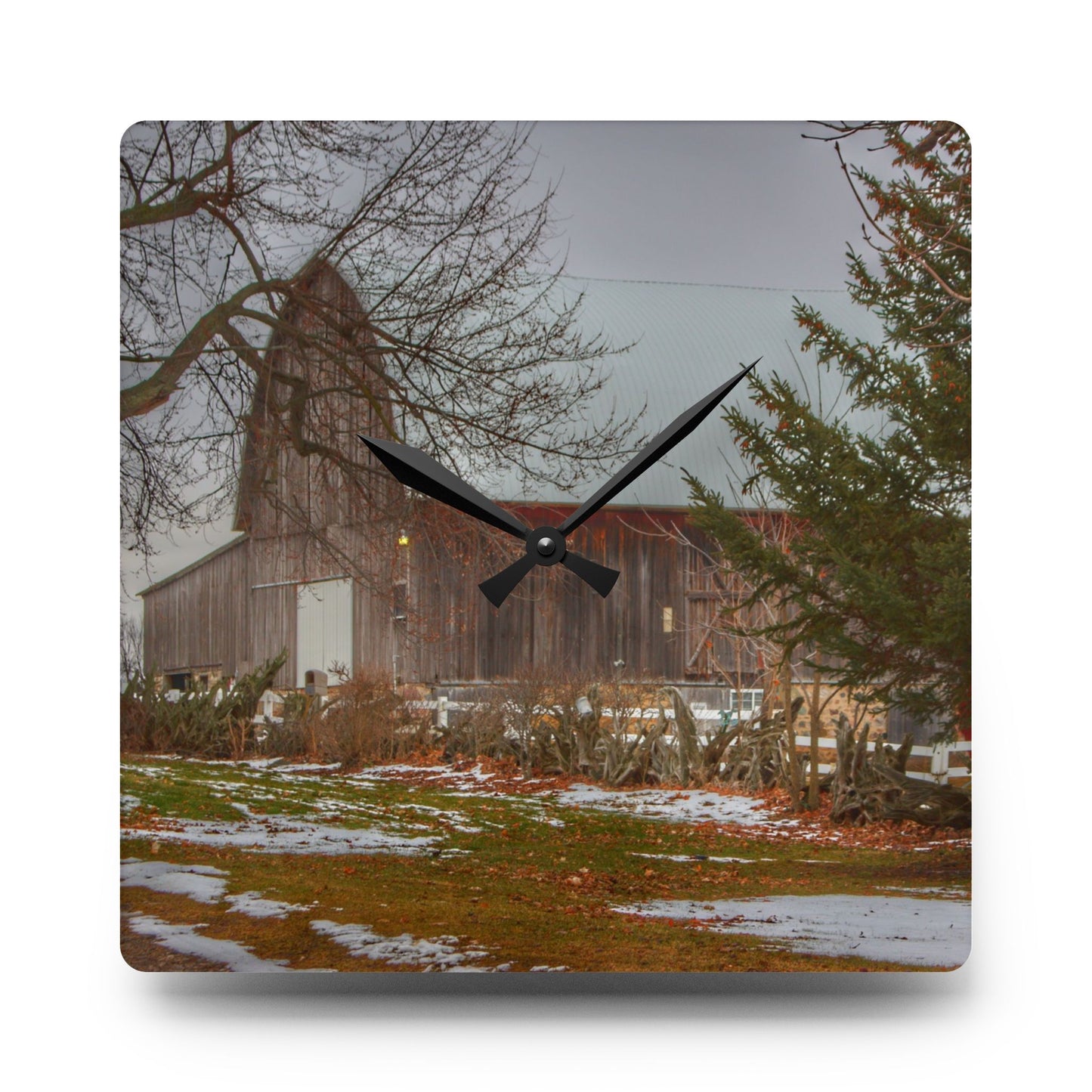 U R There Photography Schott Road Grey II Rustic Farmhouse Acrylic Analog Wall Clock