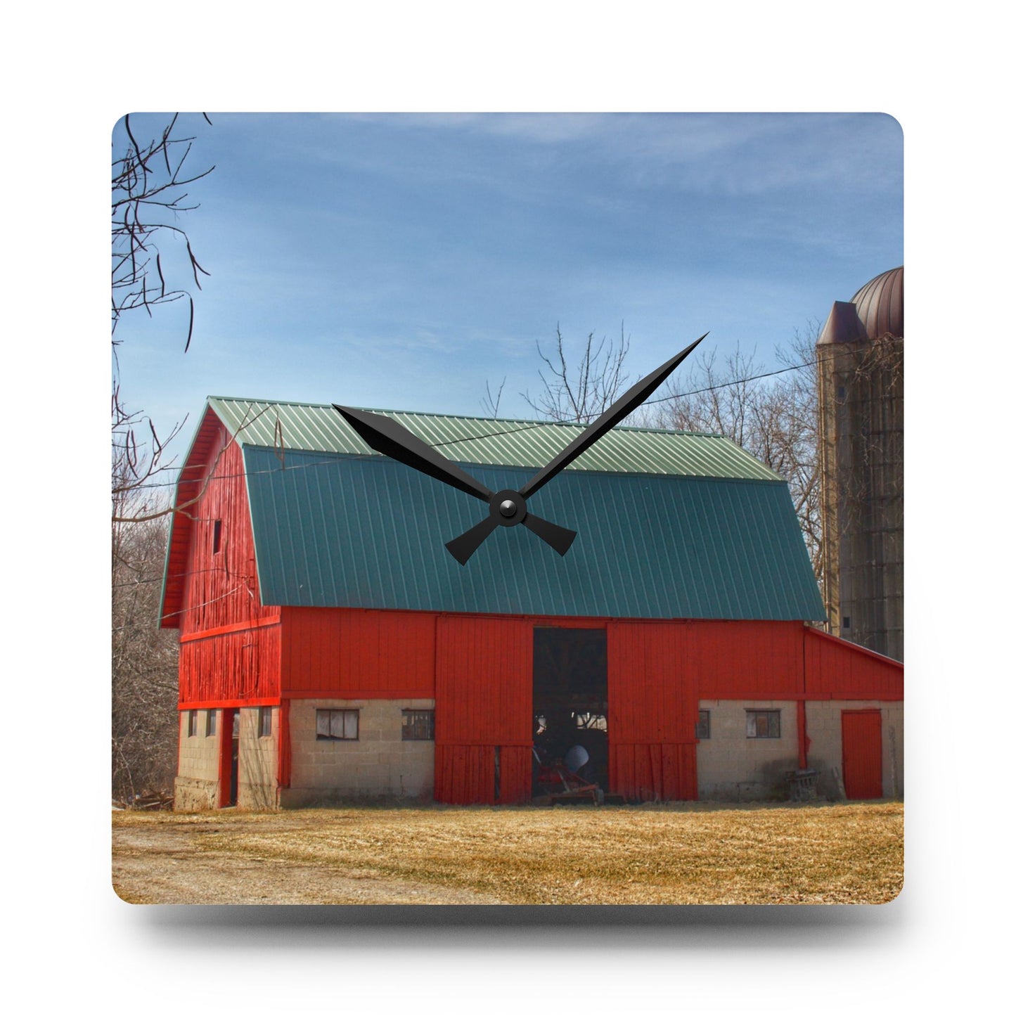 U R There Photography Wilson Road Red and Silo II Rustic Farmhouse Acrylic Analog Wall Clock
