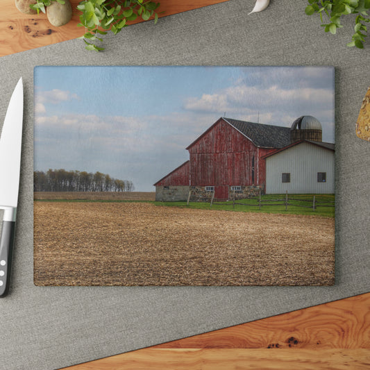 U R There Photography Cedar Creek Road Saltbox Red Rustic Farmhouse Tempered-Glass Cutting Board