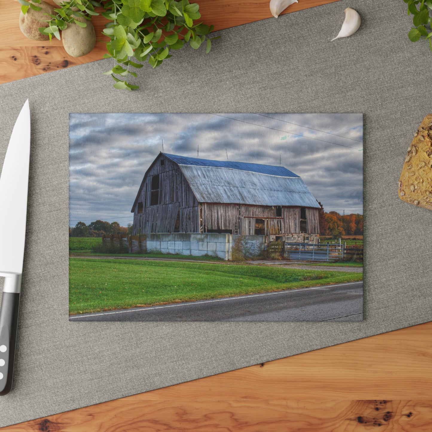 U R There Photography Marlette Road Haybarn Rustic Farmhouse Tempered-Glass Cutting Board