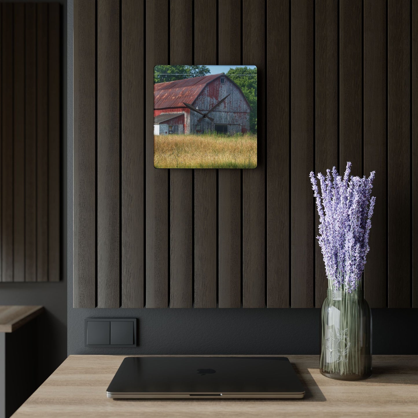 U R There Photography Scott Road Red Rustic Farmhouse Acrylic Analog Wall Clock