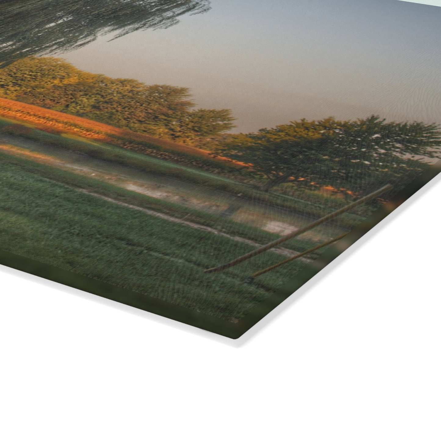 U R There Photography Sunrise on Willow Pond I Rustic Farmhouse Tempered-Glass Cutting Board