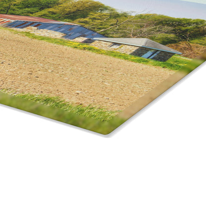 U R There Photography Deckerville Rusted Red Shack Rustic Farmhouse Tempered-Glass Cutting Board