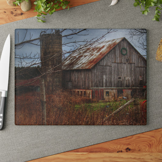 U R There Photography Churchill Christmas Barn II Rustic Farmhouse Tempered-Glass Cutting Board