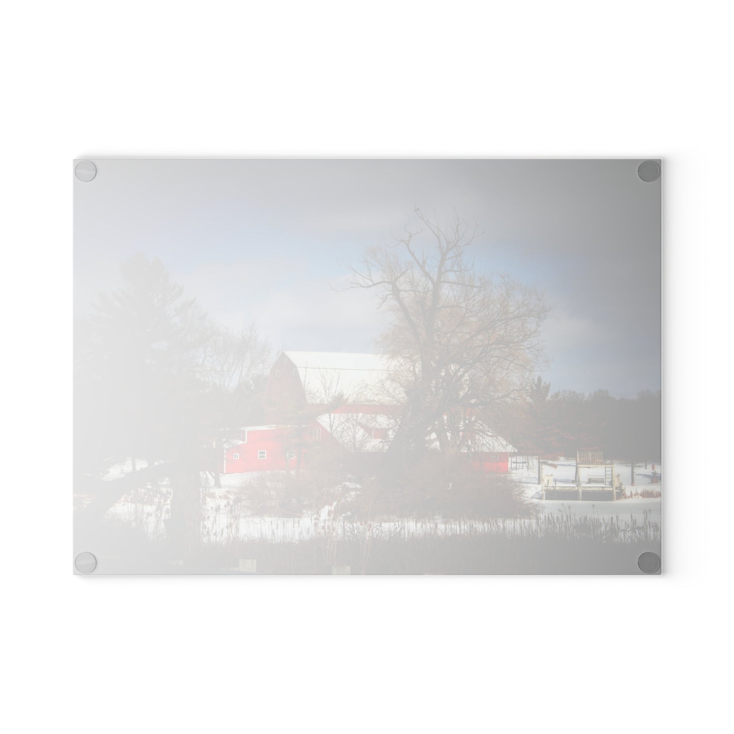 U R There Photography Hadley Road Hidden Winter Red Rustic Farmhouse Tempered-Glass Cutting Board