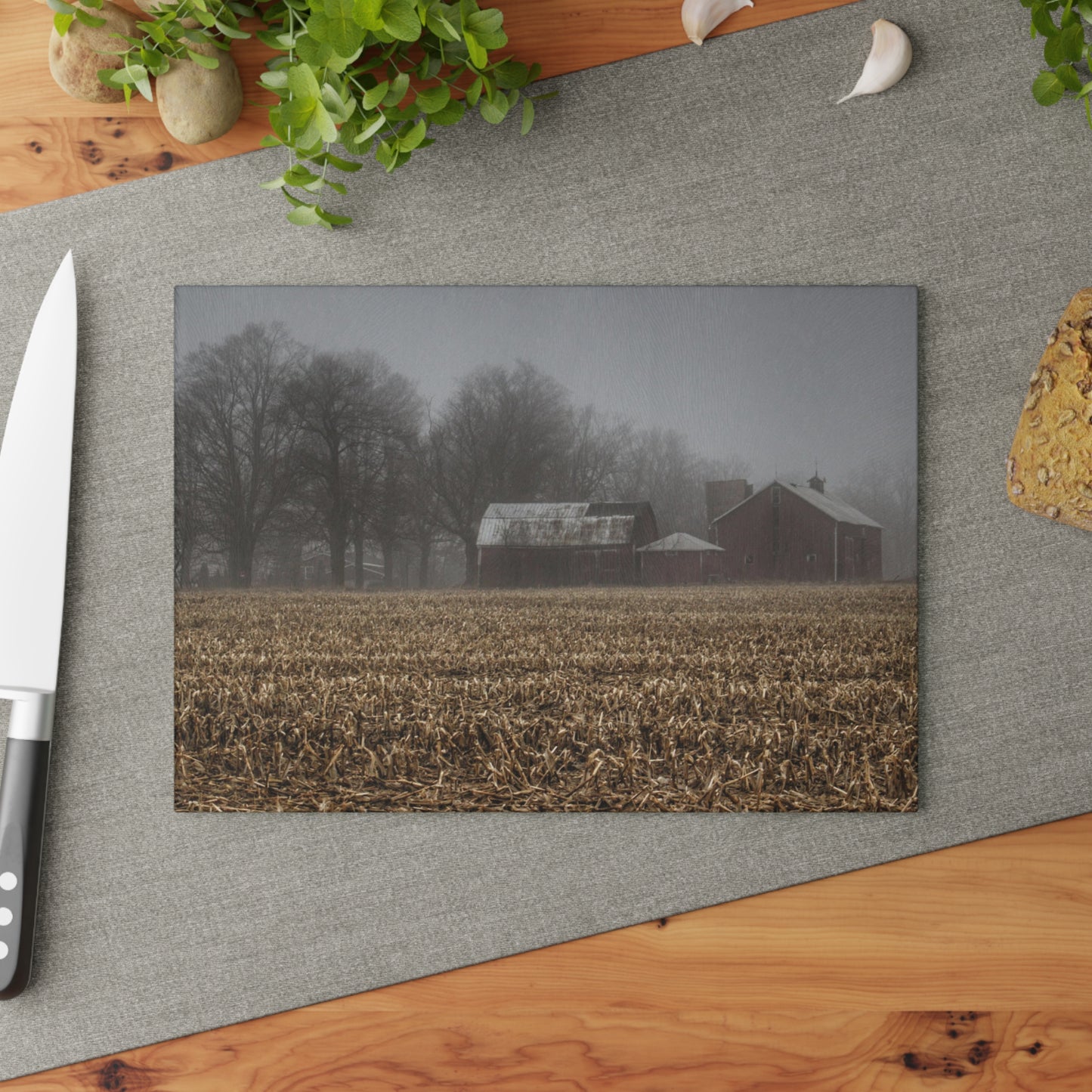 U R There Photography Farm in the Fog on Barnes Road Rustic Farmhouse Tempered-Glass Cutting Board