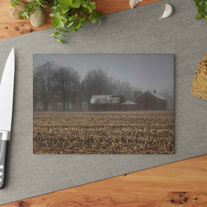 U R There Photography Farm in the Fog on Barnes Road Rustic Farmhouse Tempered-Glass Cutting Board