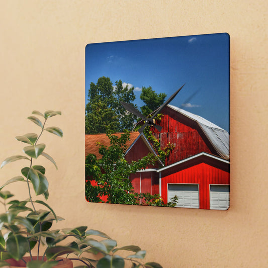 U R There Photography McKeen Lake Road Reds I Rustic Farmhouse Acrylic Analog Wall Clock