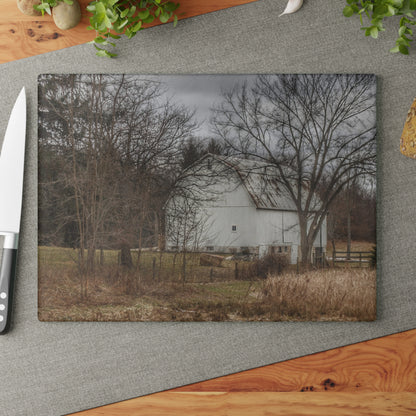 U R There Photography Oakwood Road White II Rustic Farmhouse Tempered-Glass Cutting Board