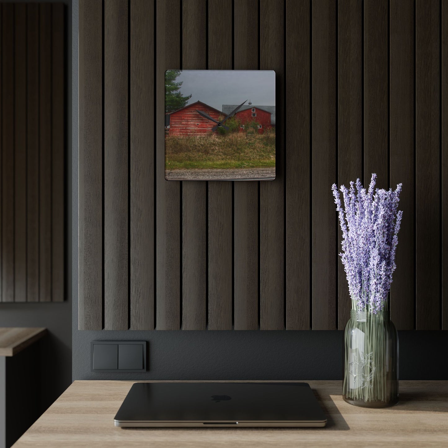 U R There Photography Goodrich Baldwin Road Reds I  Rustic Farmhouse Acrylic Analog Wall Clock