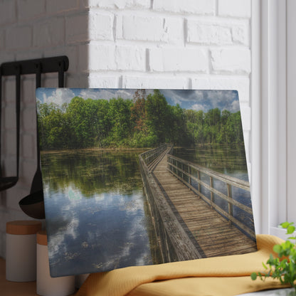 U R There Photography Linear Park Bridge in Lapeer III Rustic Farmhouse Tempered-Glass Cutting Board