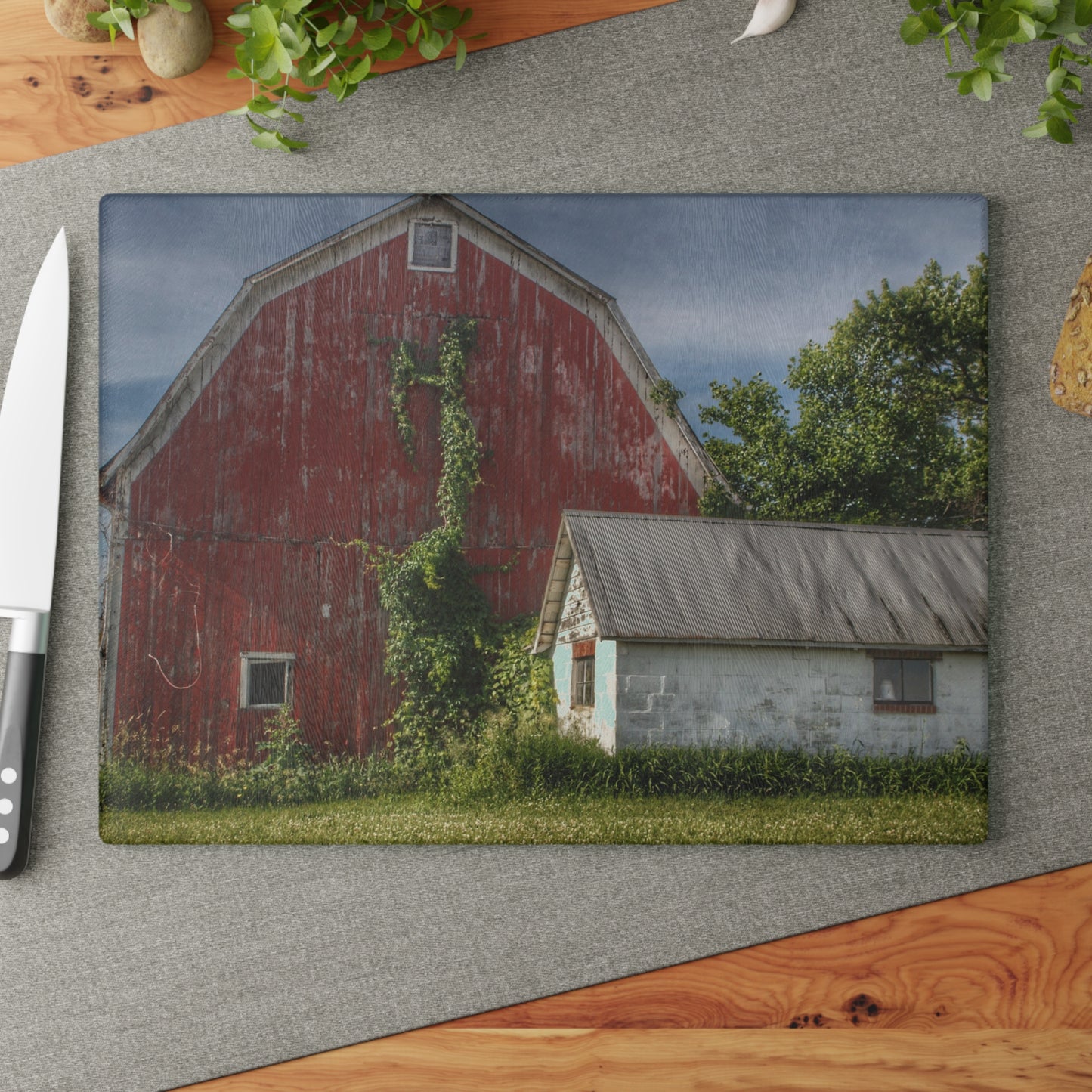 U R There Photography Stanley Road Red in Summer II Rustic Farmhouse Tempered-Glass Cutting Board