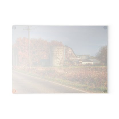 U R There Photography Plumb Creek Road Red in Fall II Rustic Farmhouse Tempered-Glass Cutting Board