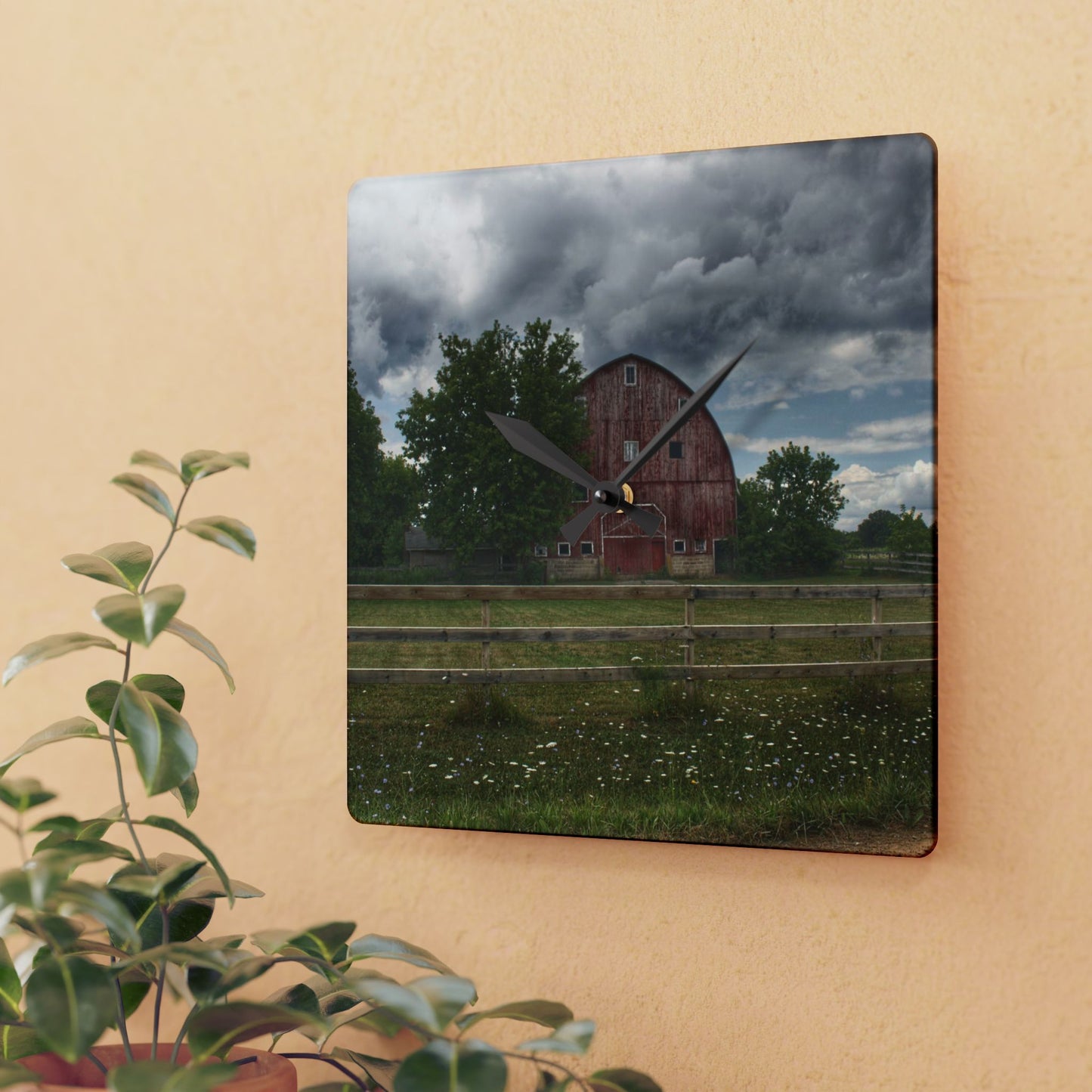 U R There Photography Elba Township Red Rustic Farmhouse Acrylic Analog Wall Clock