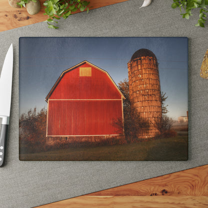 U R There Photography Klam Road Red Meets Foggy Sunrise I Rustic Farmhouse Tempered-Glass Cutting Board
