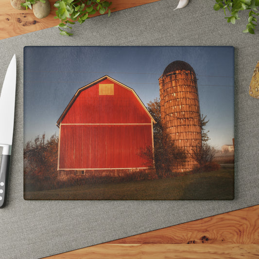 U R There Photography Klam Road Red Meets Foggy Sunrise I Rustic Farmhouse Tempered-Glass Cutting Board