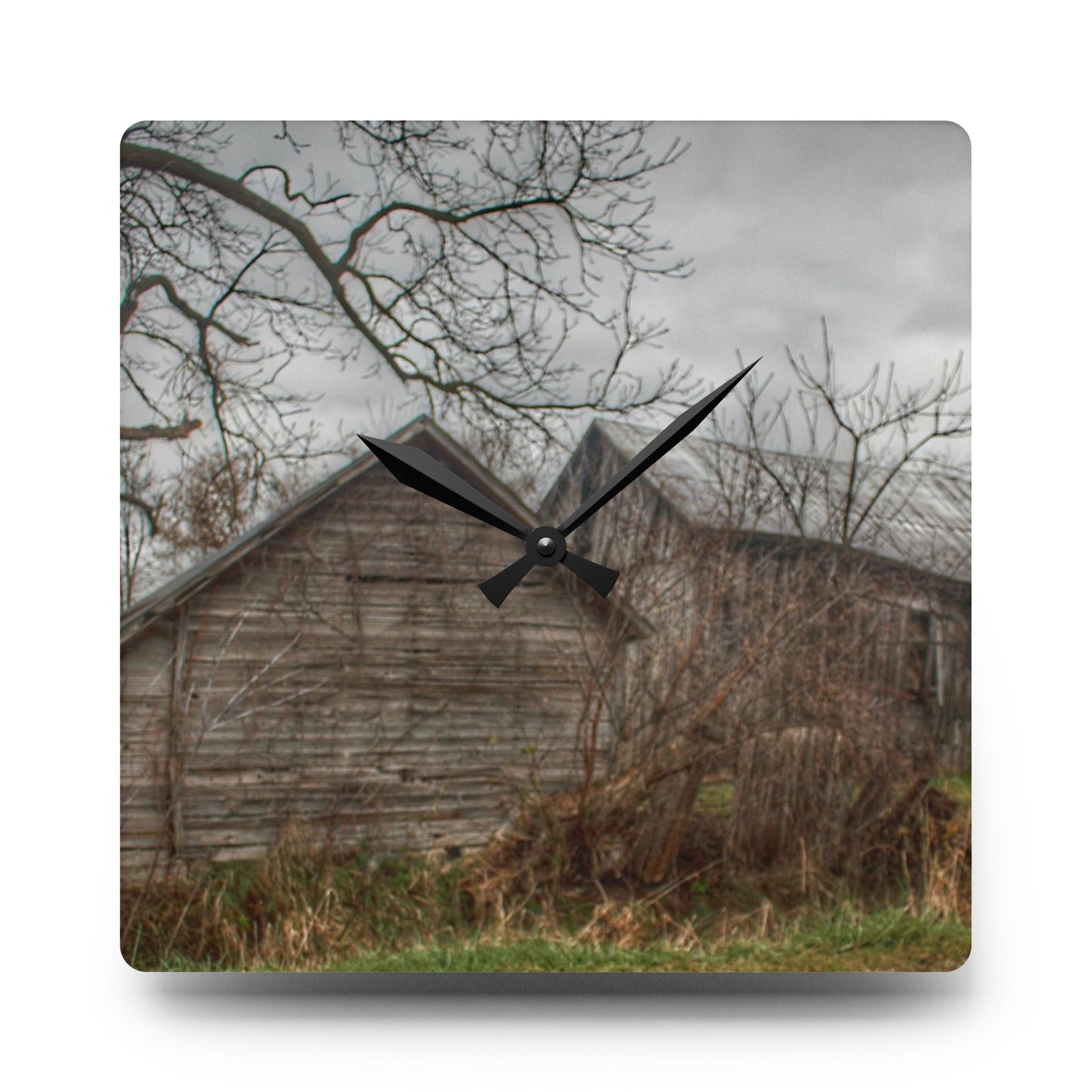 U R There Photography Bowers Road Greys II Rustic Farmhouse Acrylic Analog Wall Clock