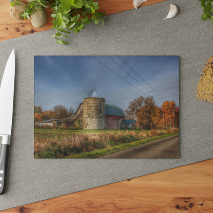 U R There Photography Plumb Creek Road Red in Fall I Rustic Farmhouse Tempered-Glass Cutting Board