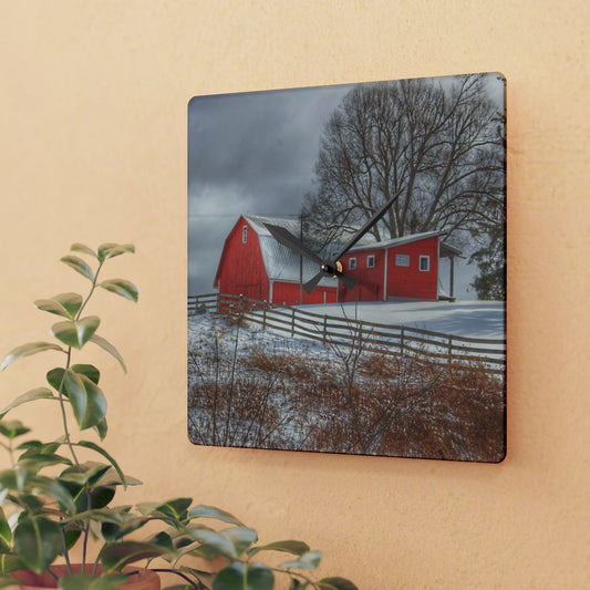 U R There Photography Catlin Red and Fence II Rustic Farmhouse Acrylic Analog Wall Clock