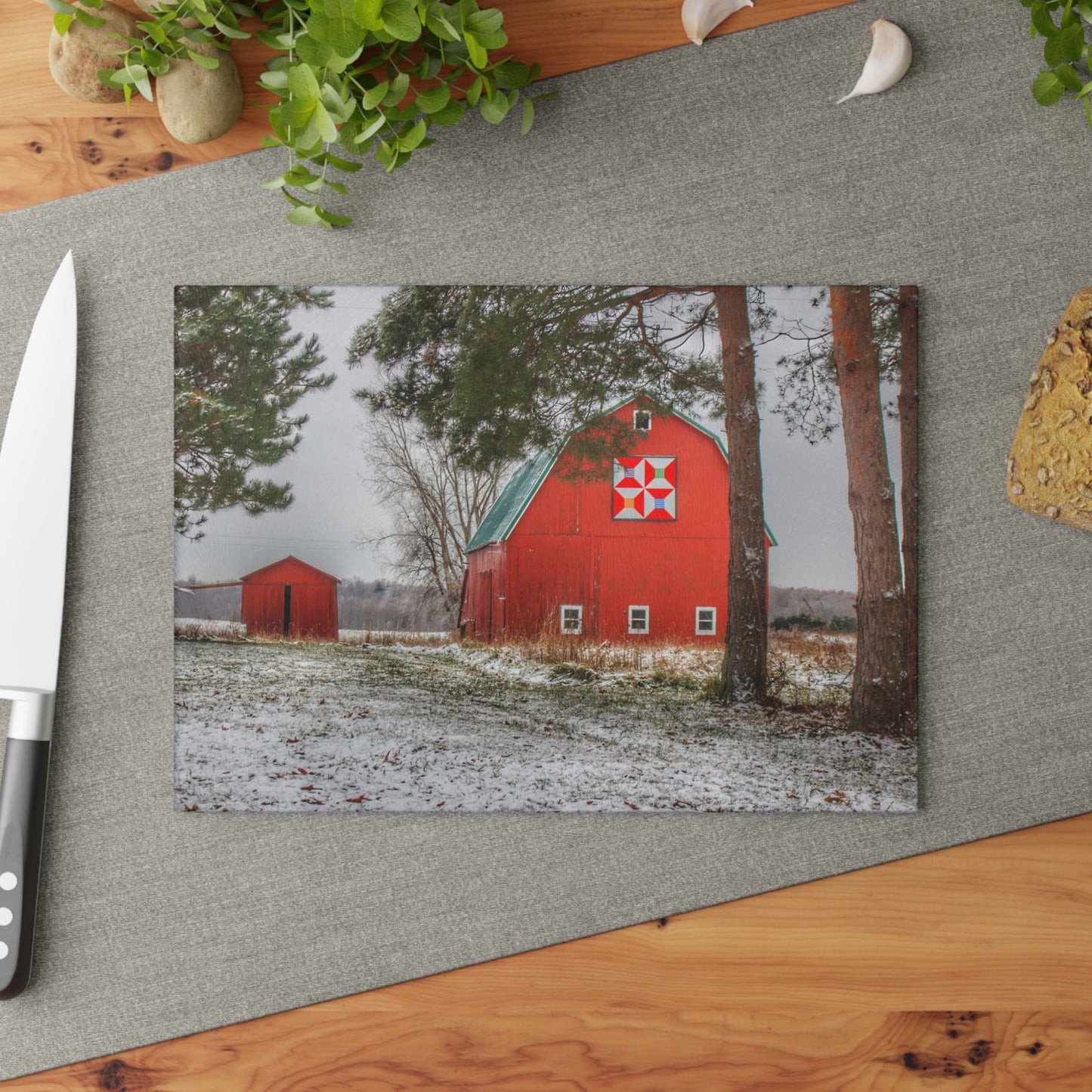 U R There Photography McKail Road Quilted Red Rustic Farmhouse Tempered-Glass Cutting Board