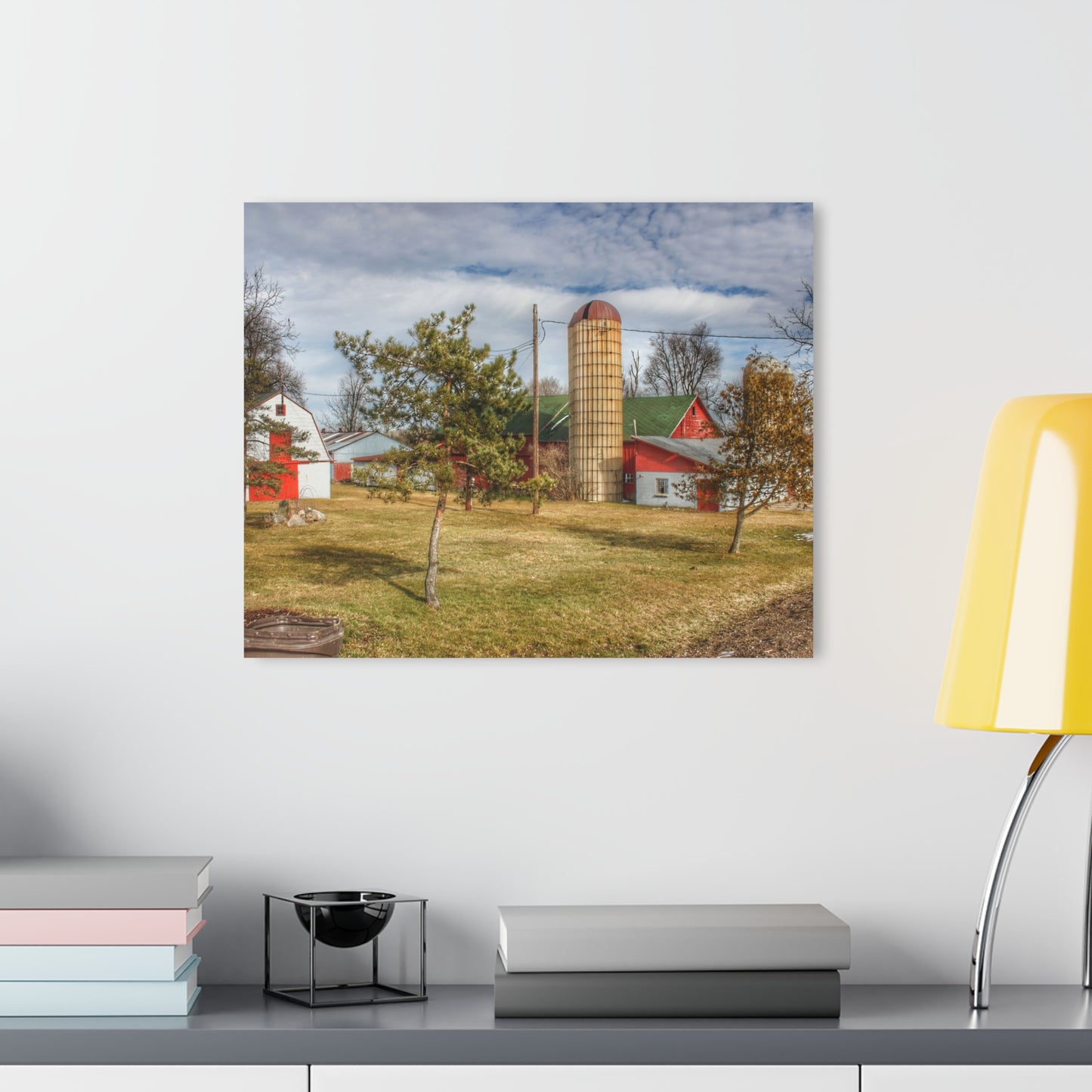 U R There Photography Newark Road Red and Silos I Rustic Farmhouse Acrylic Wall Print