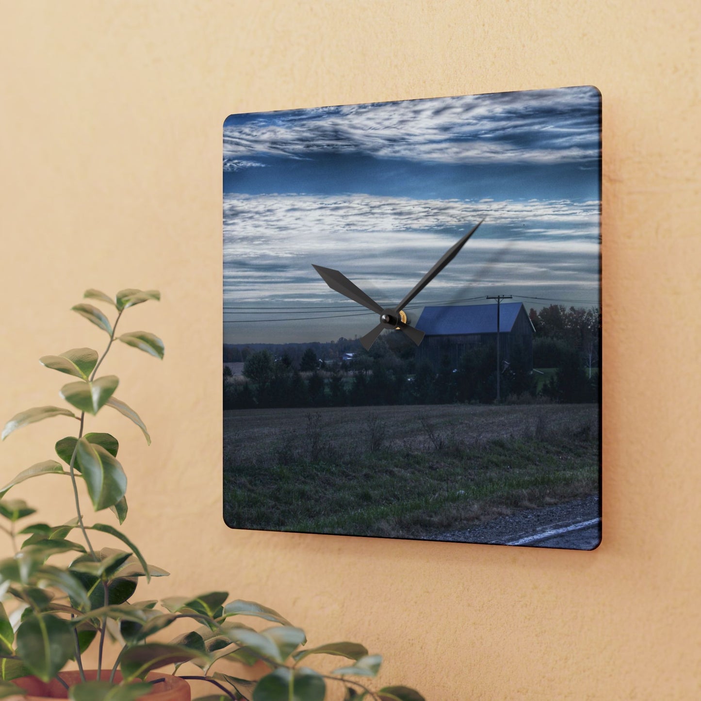 U R There Photography Burnside Road Grey Blues Rustic Farmhouse Acrylic Analog Wall Clock