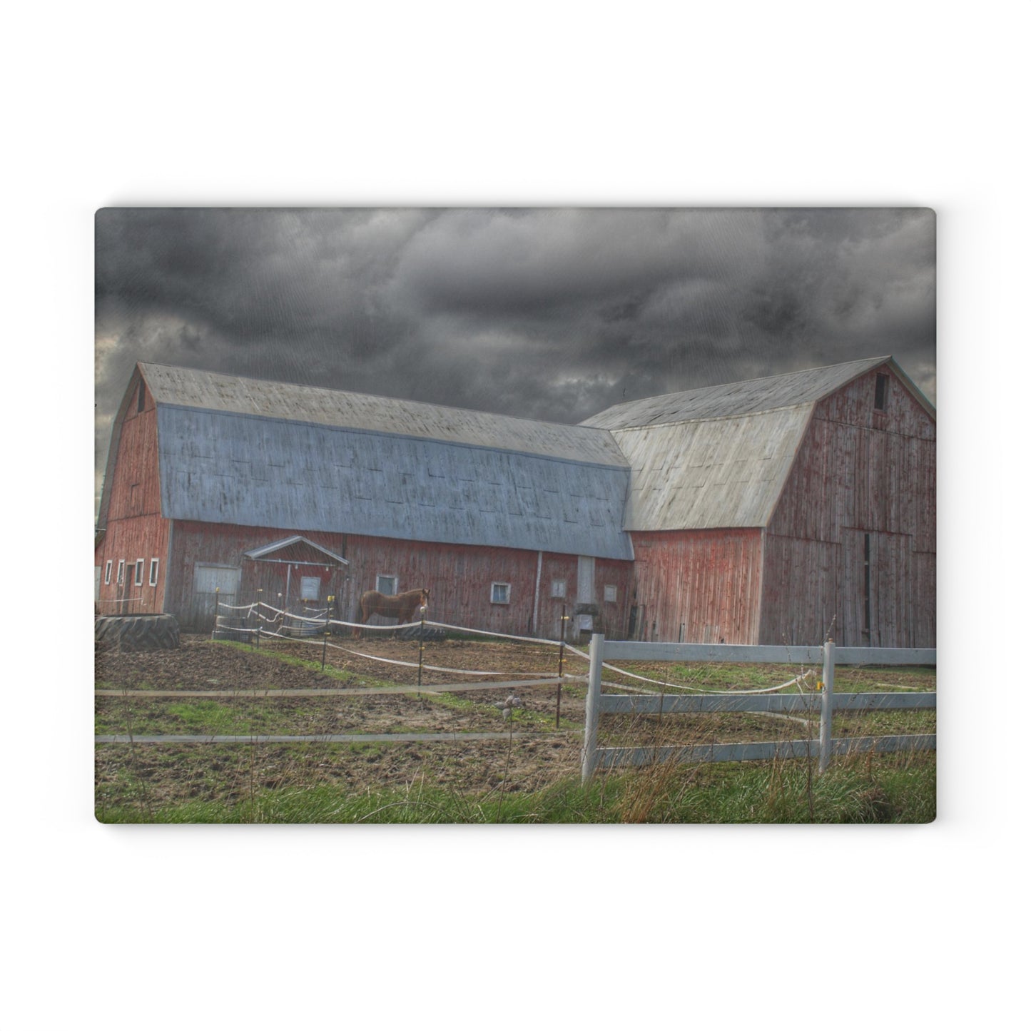 U R There Photography Sandusky Horse Barn Against Fall Skies Rustic Farmhouse Tempered-Glass Cutting Board