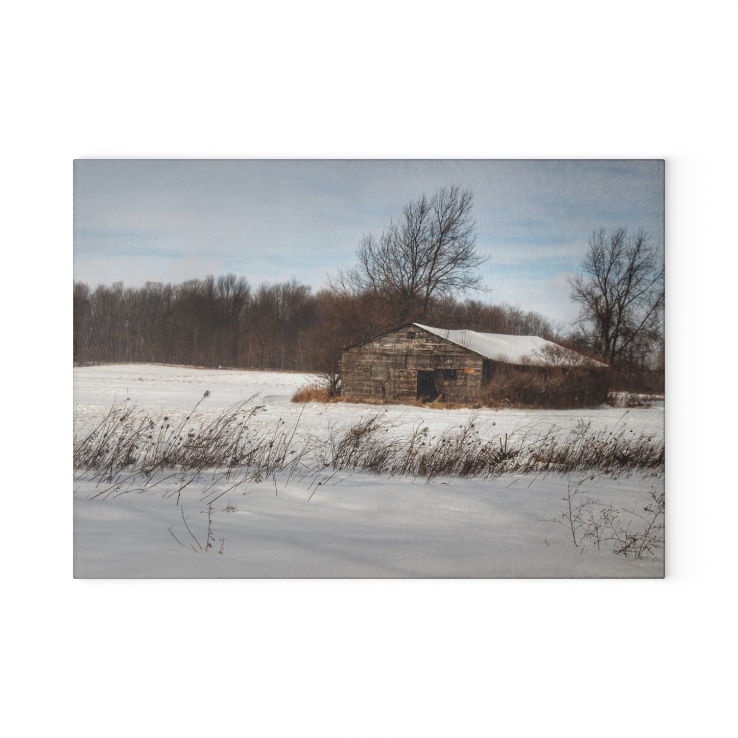 U R There Photography Frozen Grey Shack of Kingston Rustic Farmhouse Tempered-Glass Cutting Board