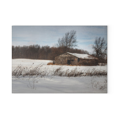 U R There Photography Frozen Grey Shack of Kingston Rustic Farmhouse Tempered-Glass Cutting Board