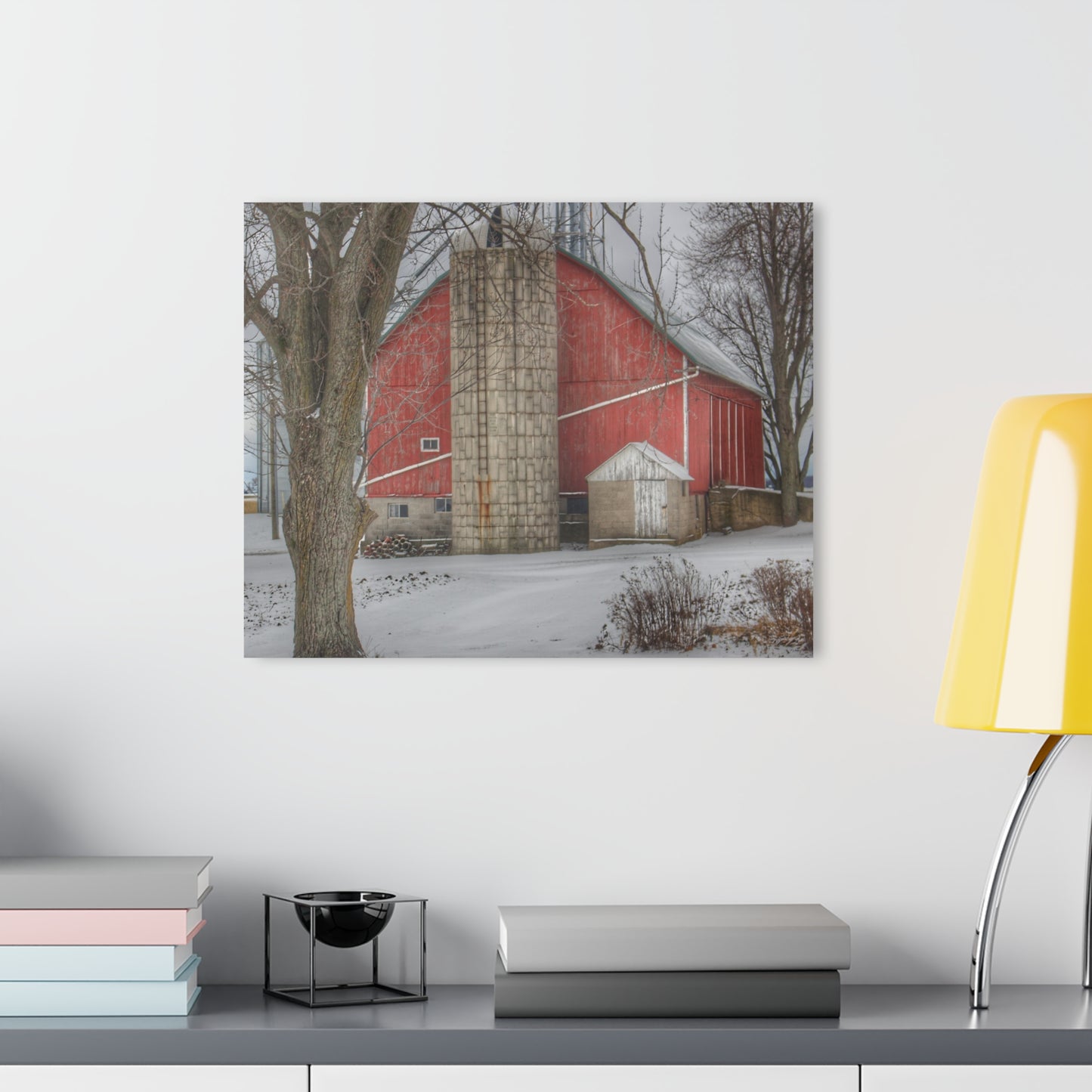 U R There Photography Frenchline Road Red in Winter Rustic Farmhouse Acrylic Wall Print