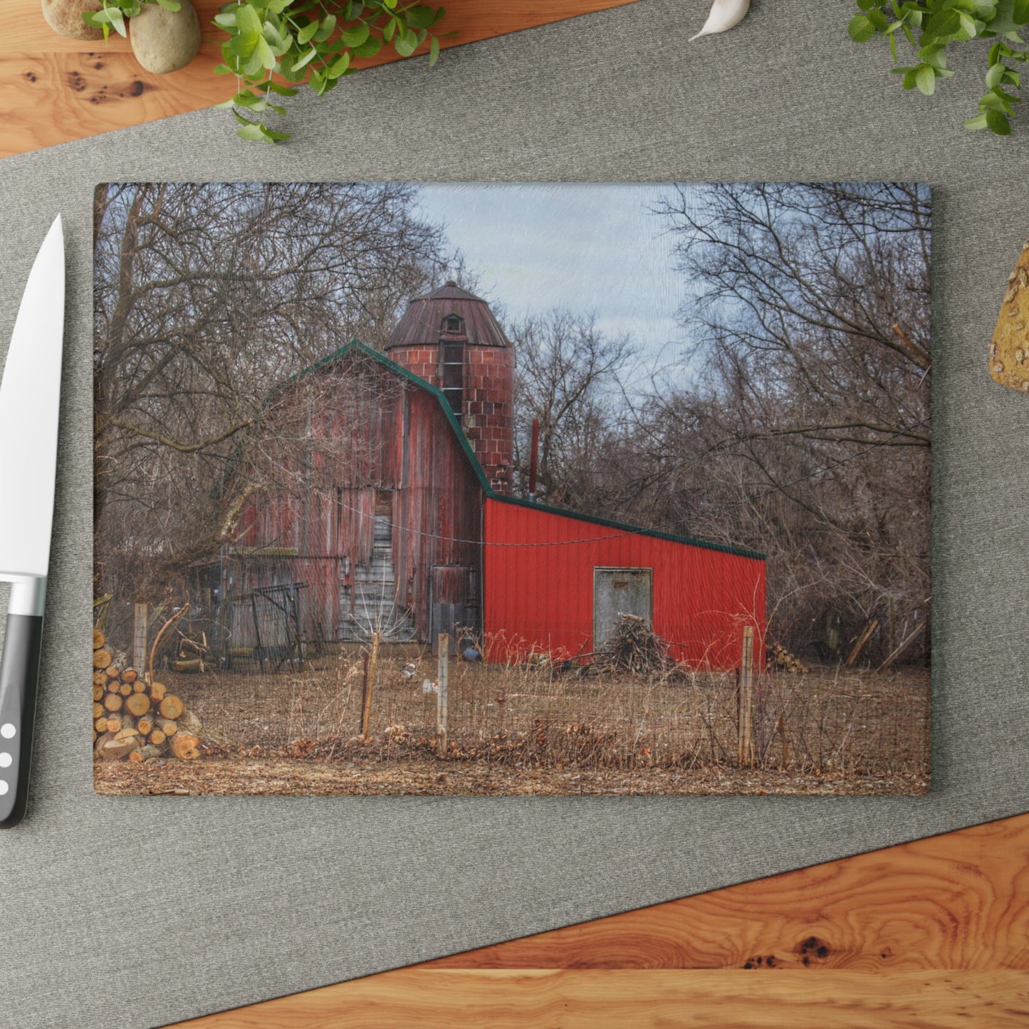 Barn Boutique Rustic Tempered-Glass Cutting Board| Bray Road Hidden Barnyard Red I