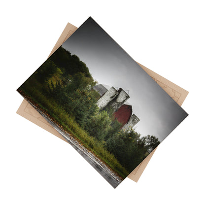 U R There Photography Castle Road Red and Silos in the Rain Rustic Farmhouse Decorative Ceramic Tile