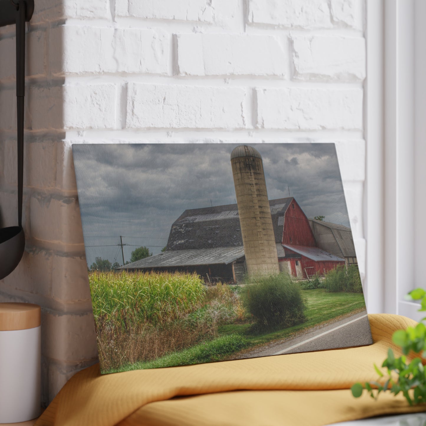 U R There Photography Lake Pleasant Road Red and Silo II Rustic Farmhouse Tempered-Glass Cutting Board