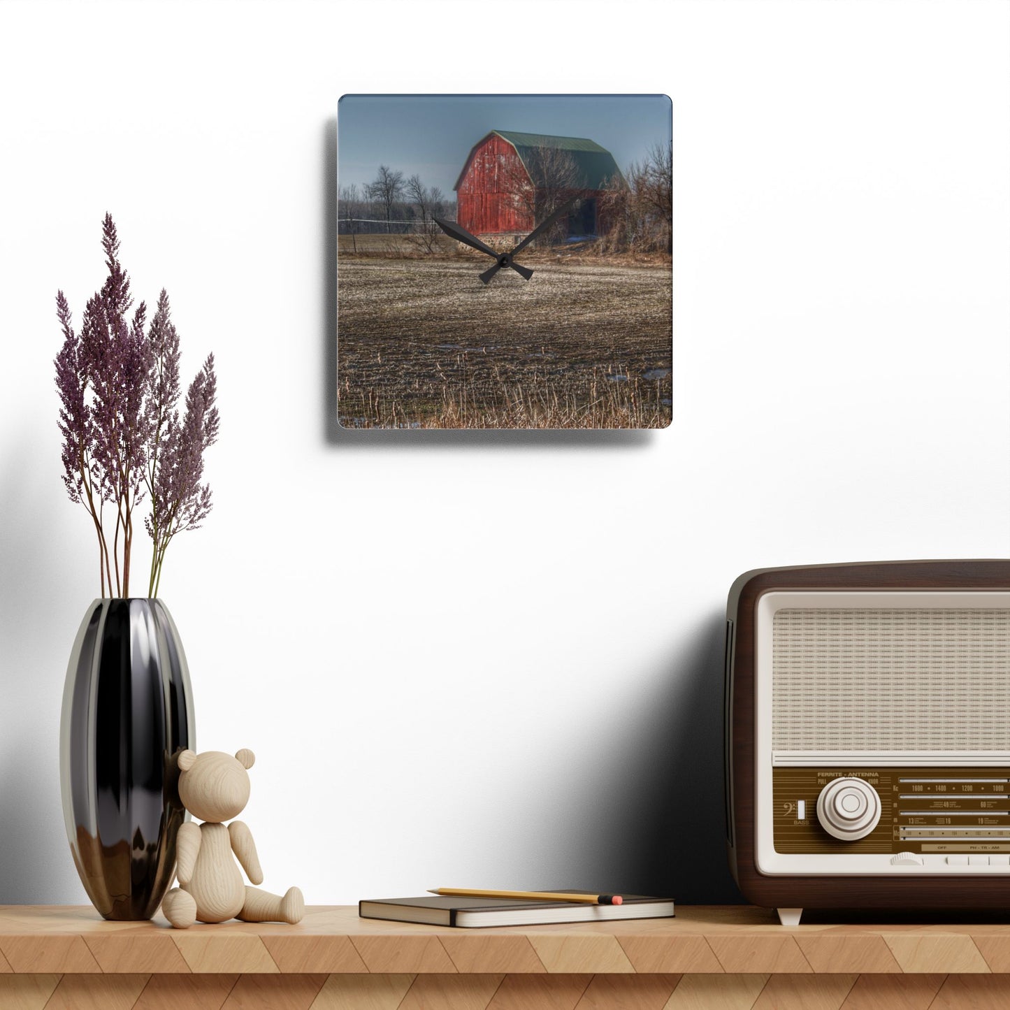 U R There Photography Bowers Road Goodland Red Rustic Farmhouse Acrylic Analog Wall Clock