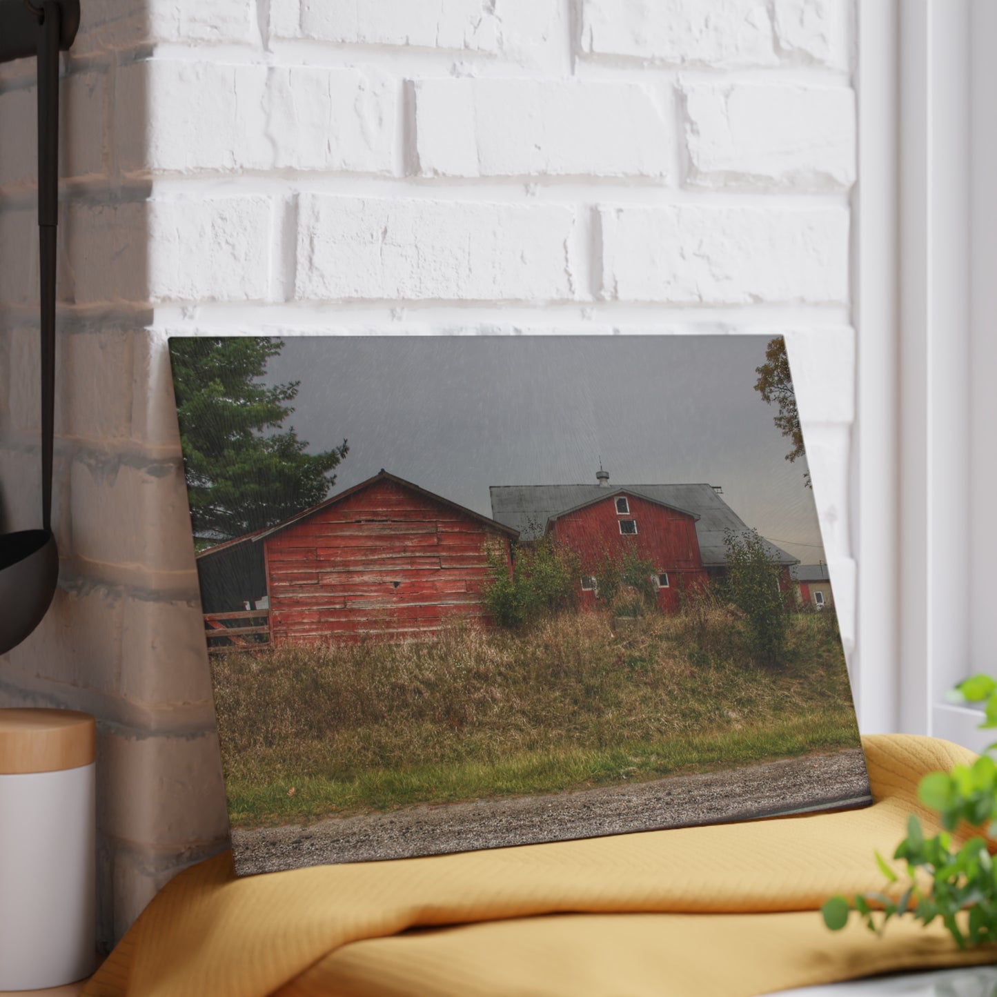 U R There Photography Goodrich Baldwin Road Reds I Rustic Farmhouse Tempered-Glass Cutting Board