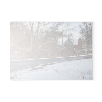 U R There Photography Dodge Road Winter Red Rustic Farmhouse Tempered-Glass Cutting Board
