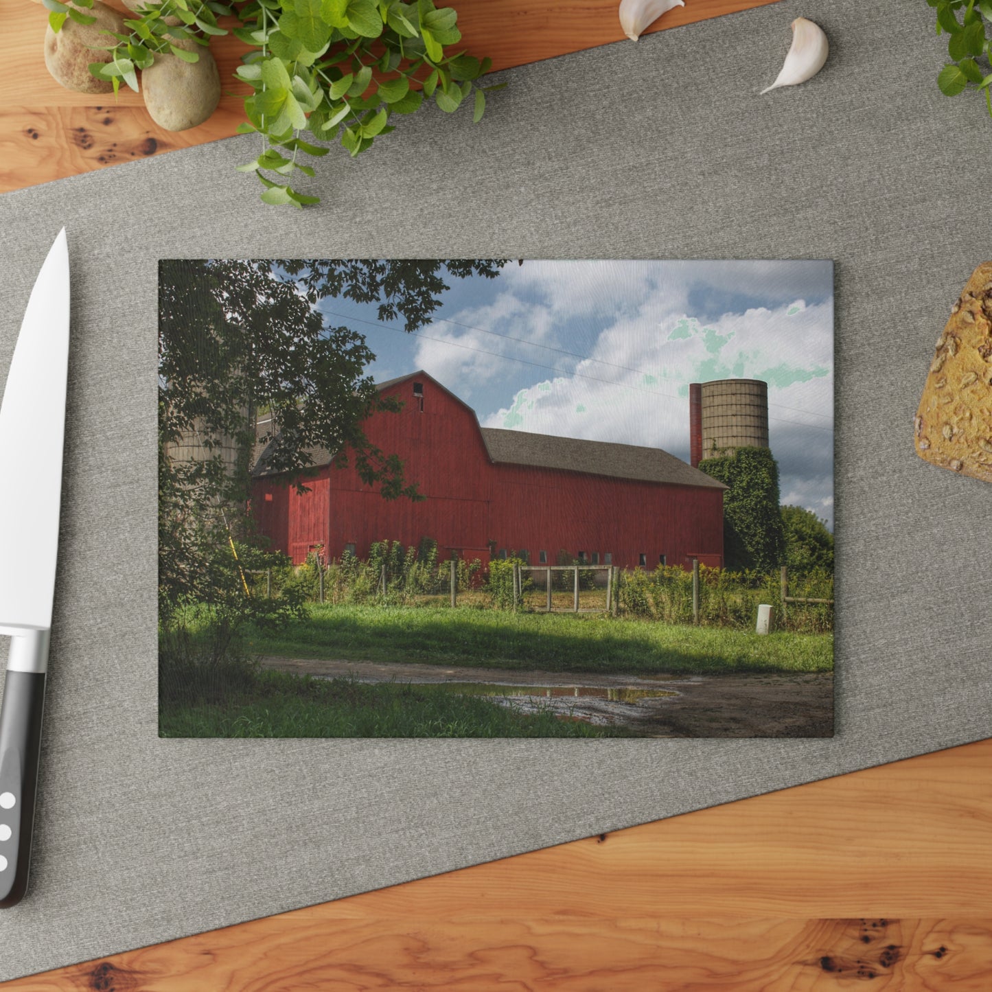 U R There Photography Metamora Road Red Rustic Farmhouse Tempered-Glass Cutting Board
