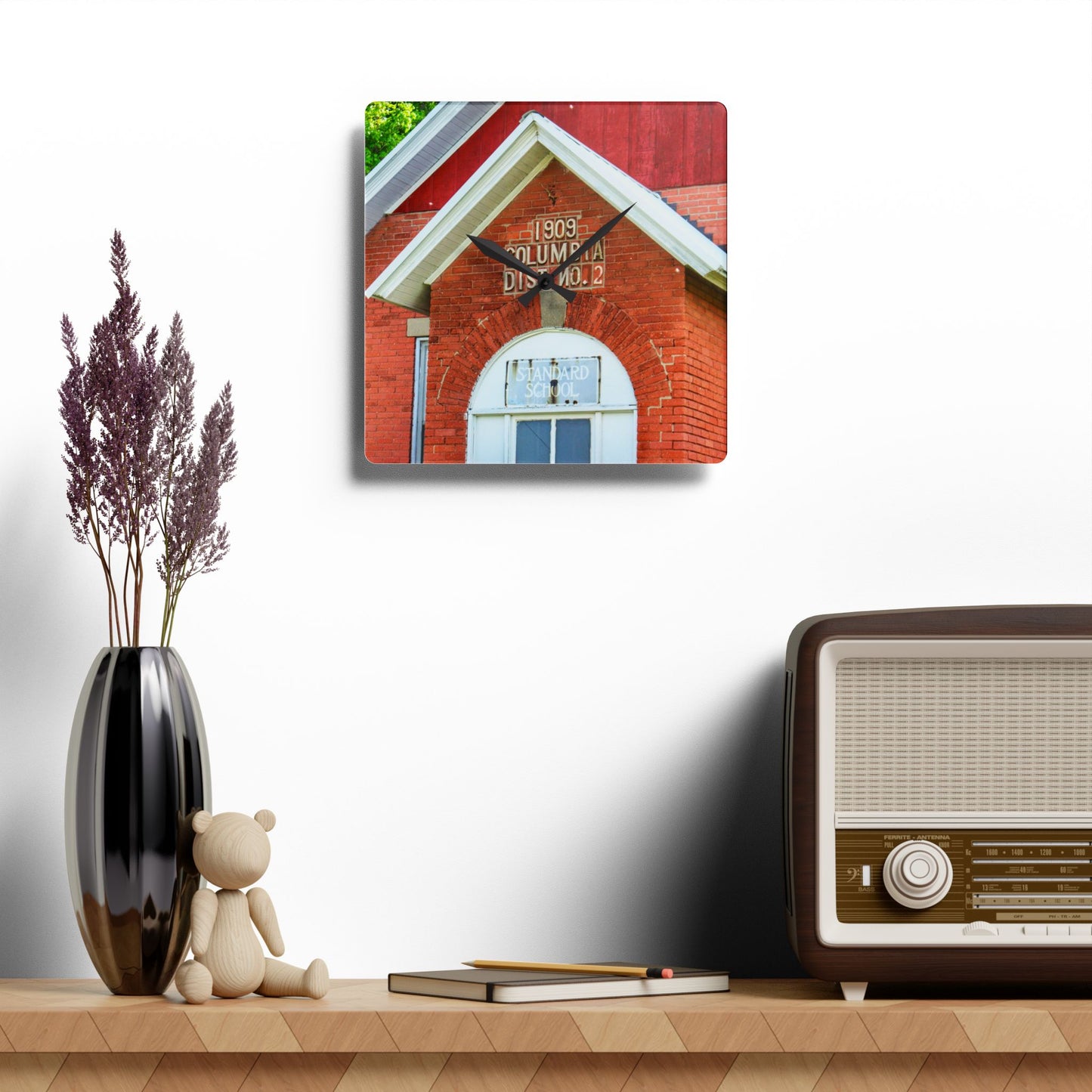U R There Photography French Road Old Standard Schoolhouse II Rustic Farmhouse Acrylic Analog Wall Clock 10.75'' × 10.75'' (Square)