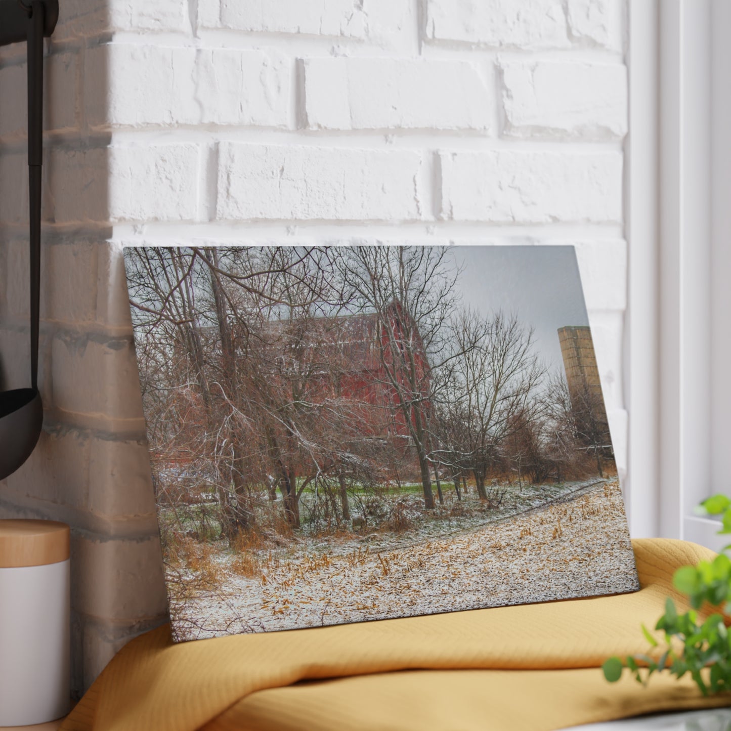 U R There Photography Hough Road Hidden Winter Red II Rustic Farmhouse Tempered-Glass Cutting Board
