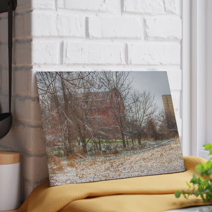 U R There Photography Hough Road Hidden Winter Red II Rustic Farmhouse Tempered-Glass Cutting Board
