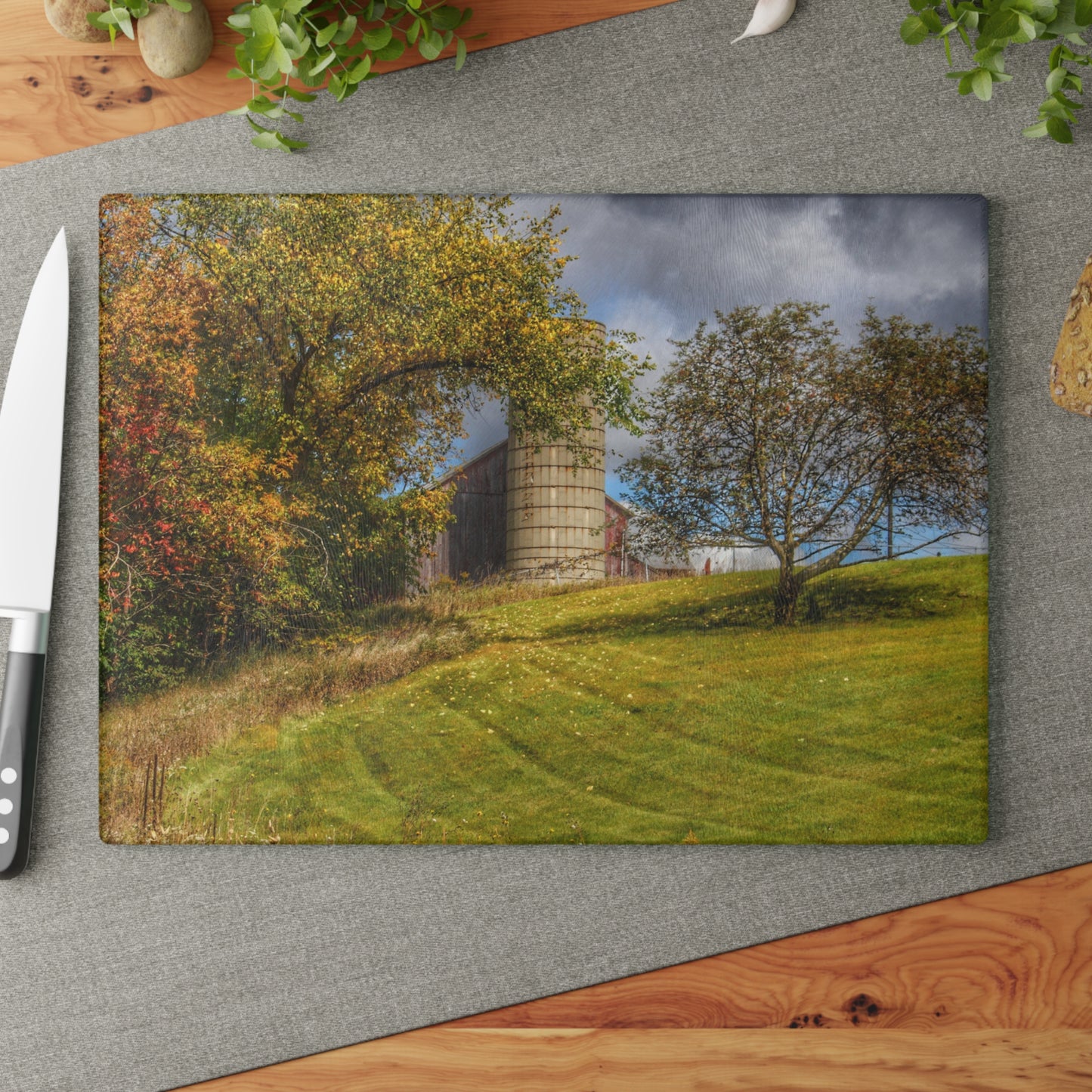 U R There Photography M-24 Hilltop Grey Rustic Farmhouse Tempered-Glass Cutting Board