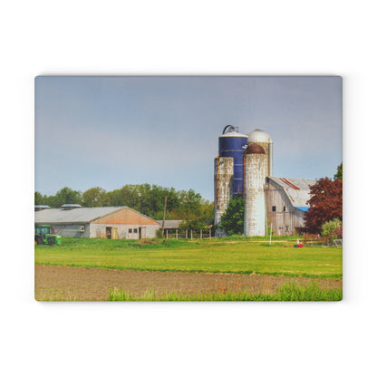 U R There Photography M-25 Old Grey and Silos Rustic Farmhouse Tempered-Glass Cutting Board