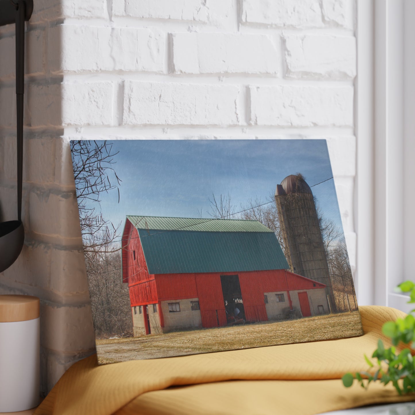 U R There Photography Wilson Road Red and Silo II Rustic Farmhouse Tempered-Glass Cutting Board