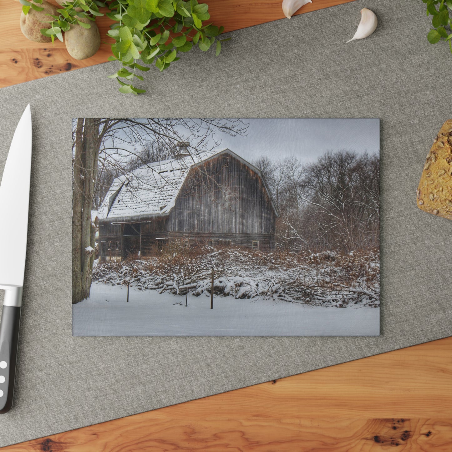 U R There Photography Vassar Road Hidden Grey in Winter Rustic Farmhouse Tempered-Glass Cutting Board