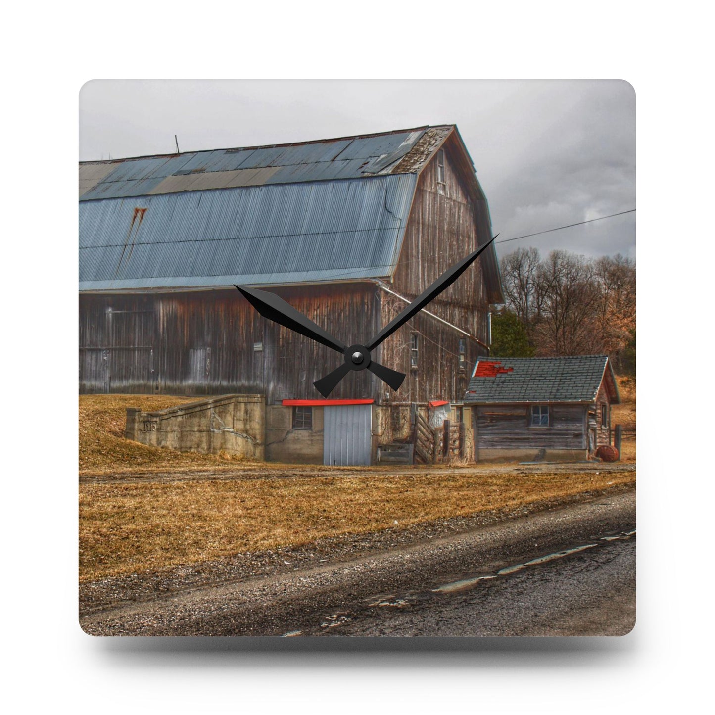 U R There Photography Seymour Lakes Roadside Grey Rustic Farmhouse Acrylic Analog Wall Clock