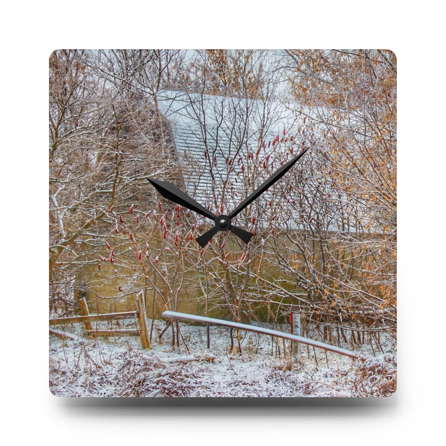 U R There Photography Dryden Road Hidden Winter Grey Rustic Farmhouse Acrylic Analog Wall Clock